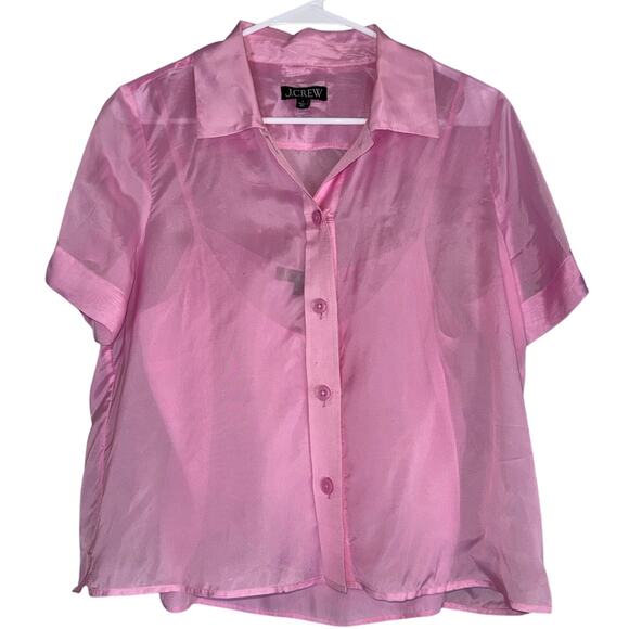 J. Crew Tops - JCrew Sheer Bubble Gum Pink Collared Button Up Top Blouse Camisole 2 Piece Sz 8